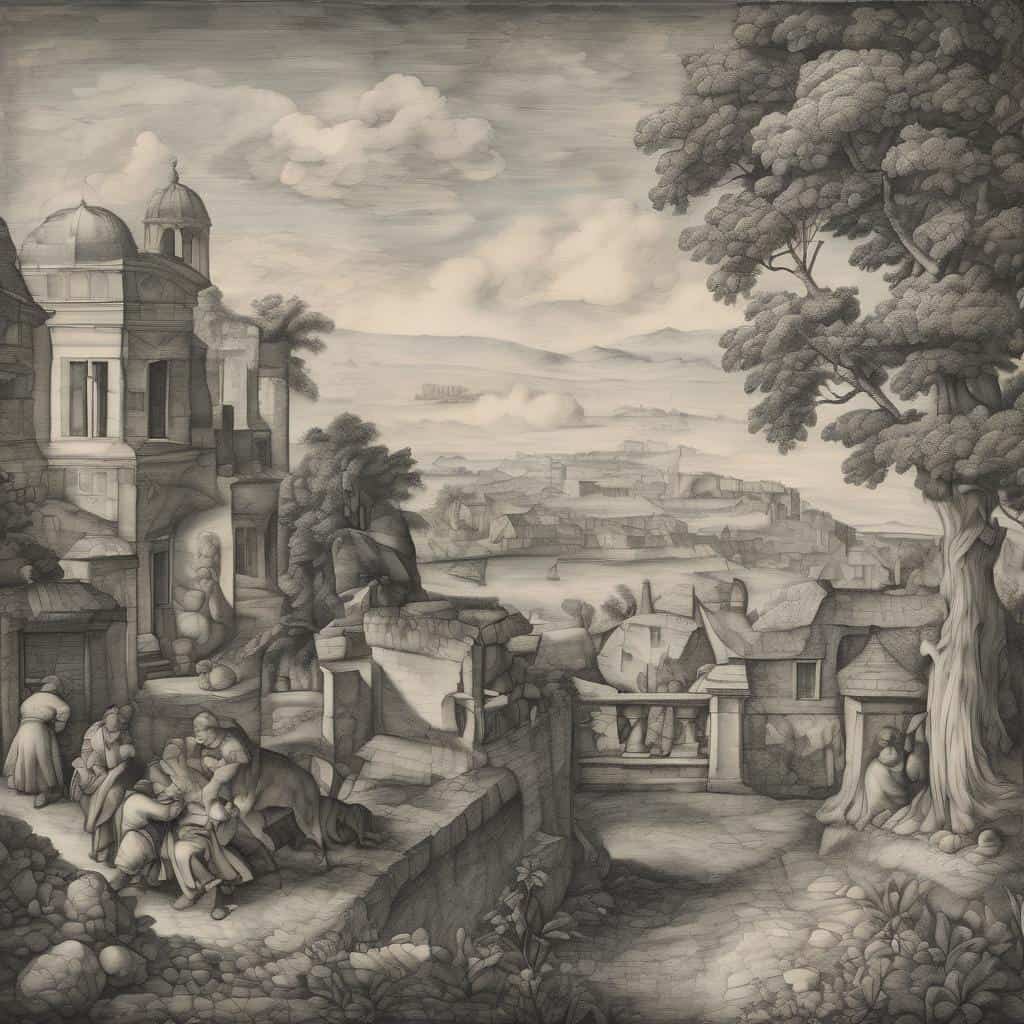 Λευκός πίνακας εικαστικής τέχνης, αρχιτεκτονική και τοπία.