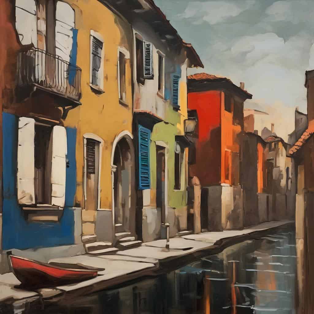Ζωγραφική εικόνα πολύχρωμων παλιών κτηρίων σε παραδοσιακό δρόμο.