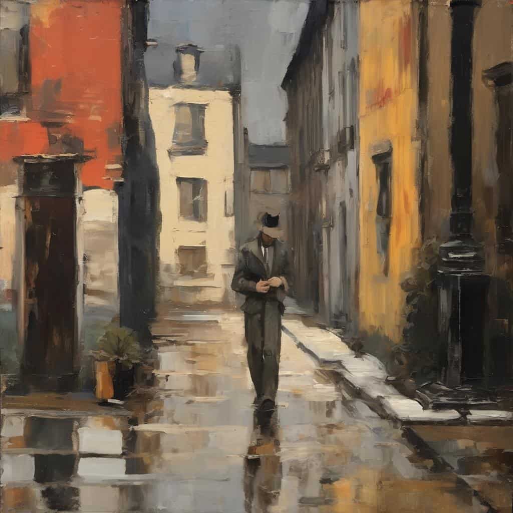 Άνδρας περπατά σε βρεγμένο δρόμο σε μια πόλη, ζωγραφισμένο με εκλεπτυσμένο και καλλιτεχνικό στυλ.