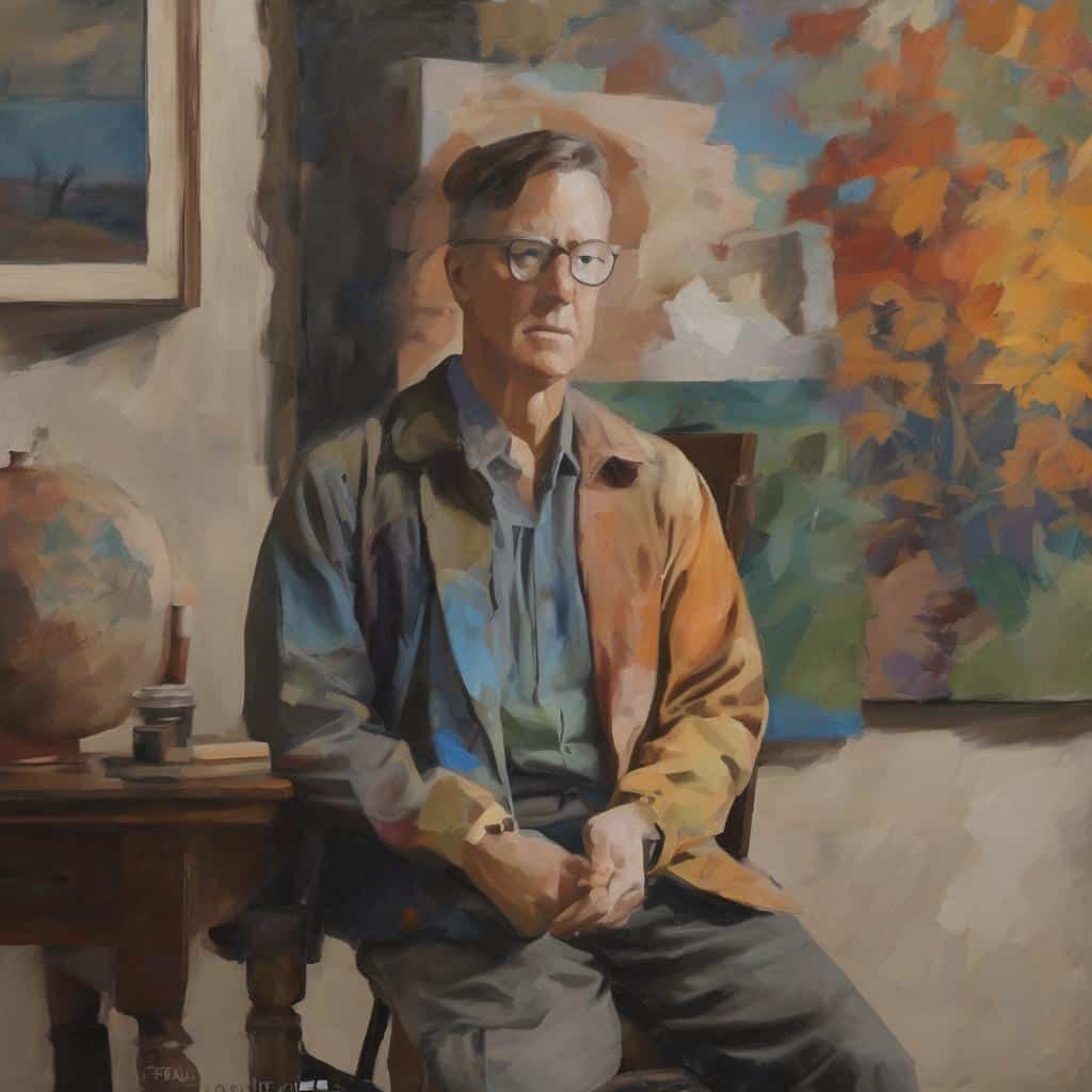 Ζωντανό πορτρέτο καλλιτέχνη σε στούντιο με έργα τέχνης, εστίαση στην εικαστική παιδεία και την τέχνη.