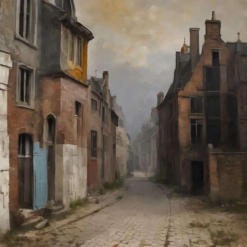 ρετρό φωτογραφία παλιάς πόλης, γκρίζα και μουντά κτίρια, δασύφυλλα στενά, βροχερό και θλιβερό σκηνικό, εικαστική παιδεία και τέχνη, ιστορική αρχιτεκτονική.