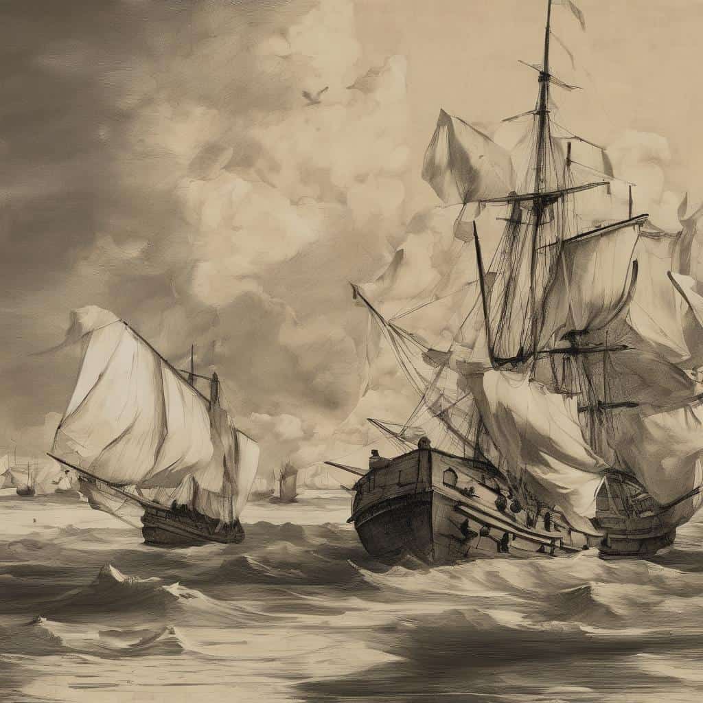 Παλιό πλοίο με τεράστιες πανιά στη θάλασσα, σε γκρι και μπεζ αποχρώσεις.